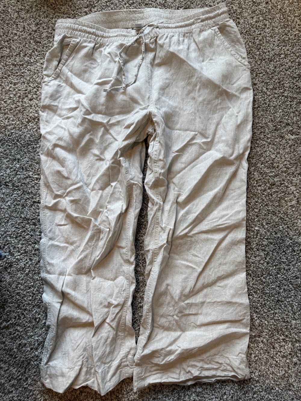 L.L. Bean Natural Beige Wide Leg Drawstring 100% Linen Pants